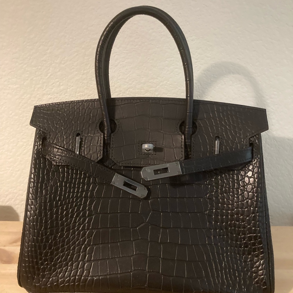 Elegant Black Crocodile Embossed Handbag 30cm